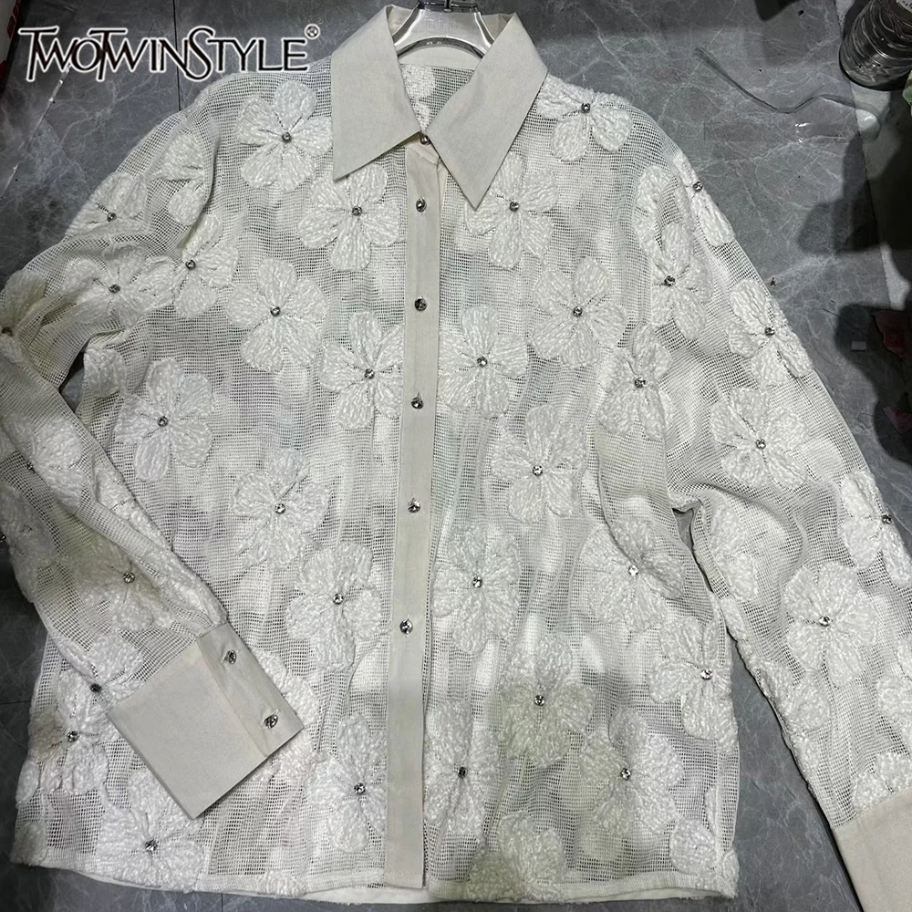 

TWOTWINSTYLE Solid Spliced Diamonds Loose Blouse for Women Laple Long Sleeve Temperament Chic Shirts Female Autumn NewKBL551212