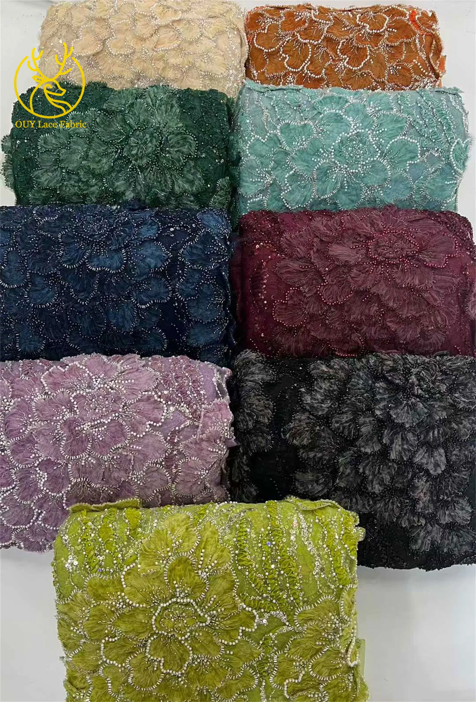 Luxuriöser Afrikanischer 3D-Blumenspitzenstoff 2026 Hochwertige Nigerianische Perlen-Pailletten-Netzspitze für Damen-Party- und Hochzeitskleider – Detail 15