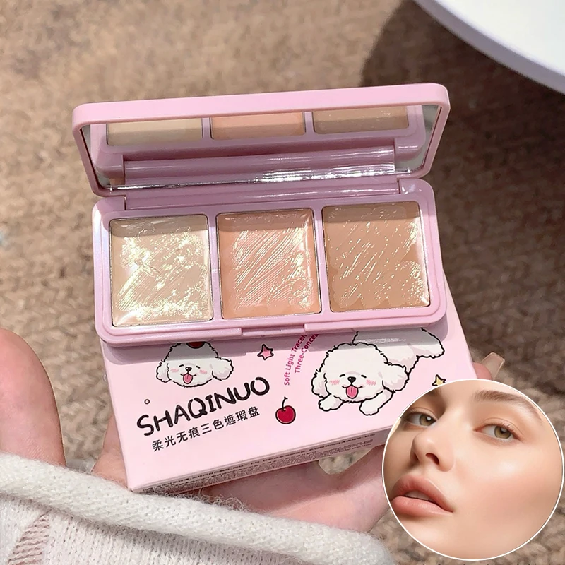 Paleta correctora de tres colores para manchas faciales, marcas de acné, pliegues nasolabiales, ojeras, bolsas para los ojos y trozos de rasgado.