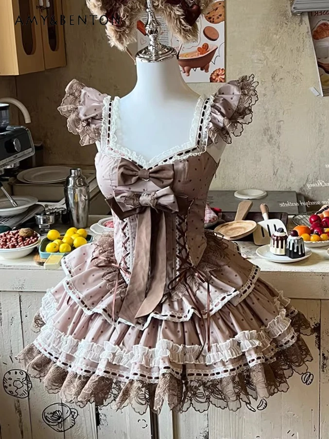 

Sweet Cute Ballet Style Evening Dresses Lolita Style Polka Dot Print Strapless JSK Slim Puff Dress Birthday Dress for Women