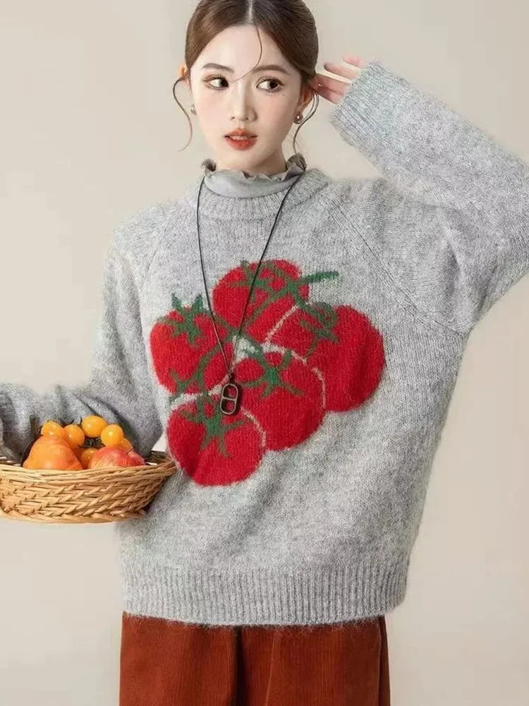 

Cute Print Women Sweet Sweater Vintage O Neck Korean Loose Knitted Jumper Casual Long Sleeve Female Fall Winter Retro Kawaii Top