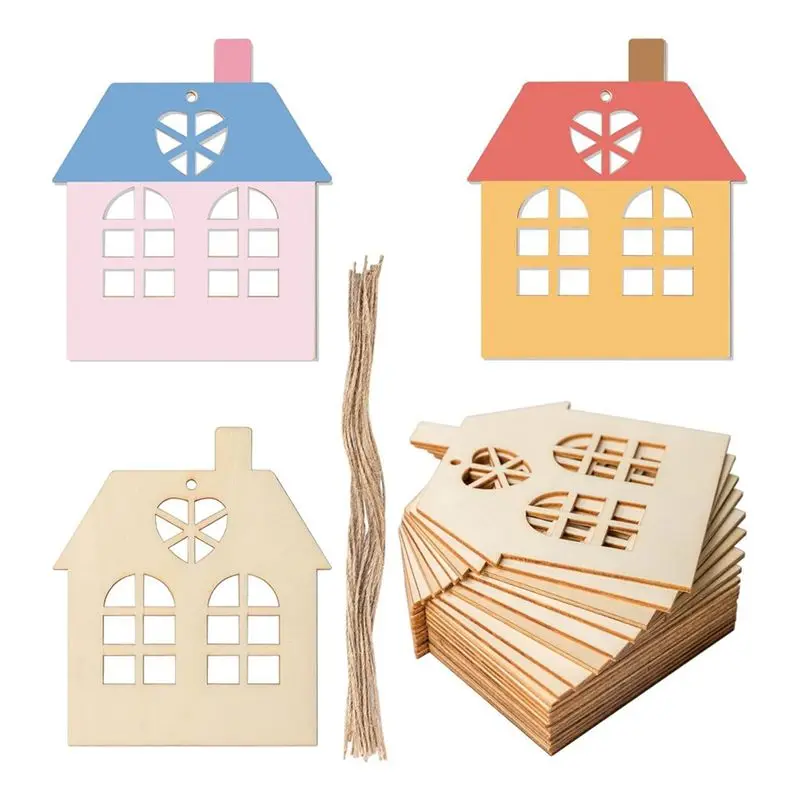A64Z 50PCS Unfinished House Shape Wooden Tag Set Hanging Wood Cutout Blank Wood Slices Wooden Gift Tags Set Kit With Twine