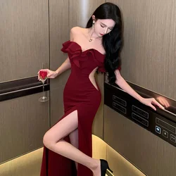 Red Sexy Club Backless High Split Ruffles Wrapped Hip Dress Elegant Luxury Off Shoulder Party Evening Dresses Women 2023 Summer