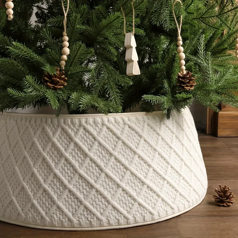 菱形模様のニット製クリスマスツリースカート、クリスマス装飾、厚手のツリーベースカバー、ホームホリデー雰囲気のオーナメント