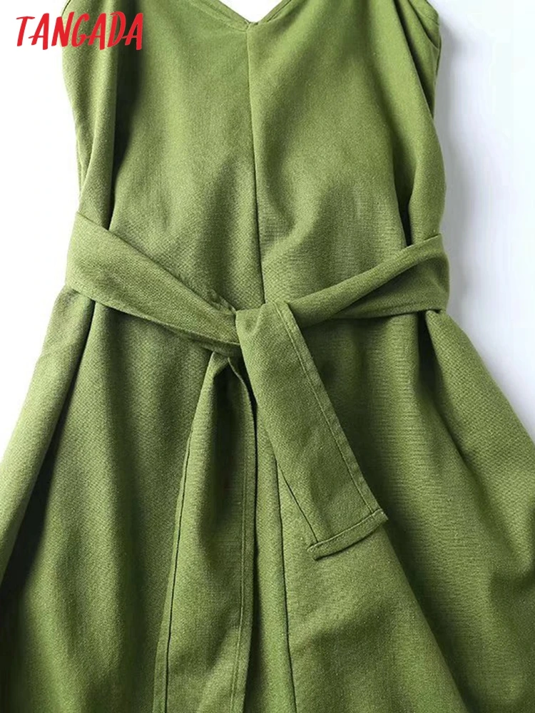 Tangada 2023 fashion women green cotton linen bow dress vintage sleeveless ladies midi dress 4C71