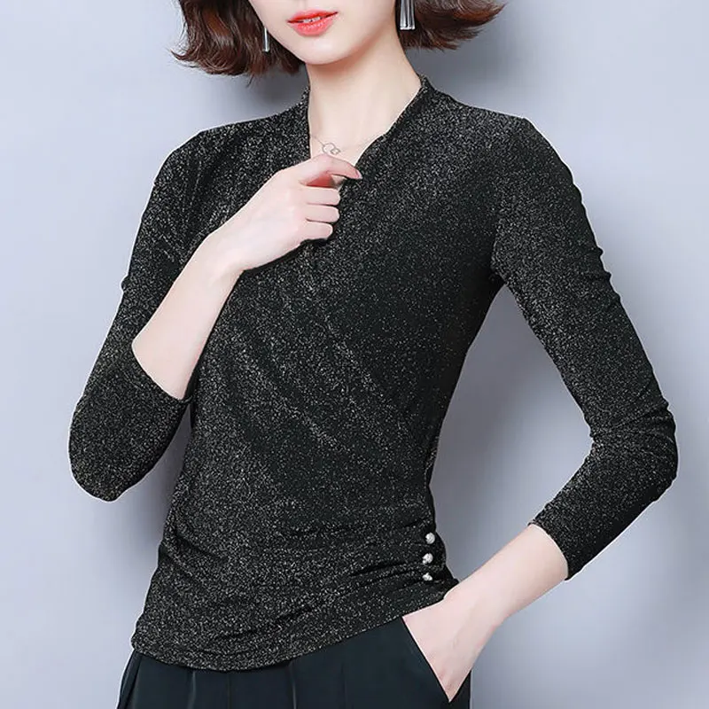 Women\'s Clothing Stylish Bright Silk Pullovers Casual Solid Color Spring Autumn Long Sleeve All-match Slim Spliced Folds T-shirt