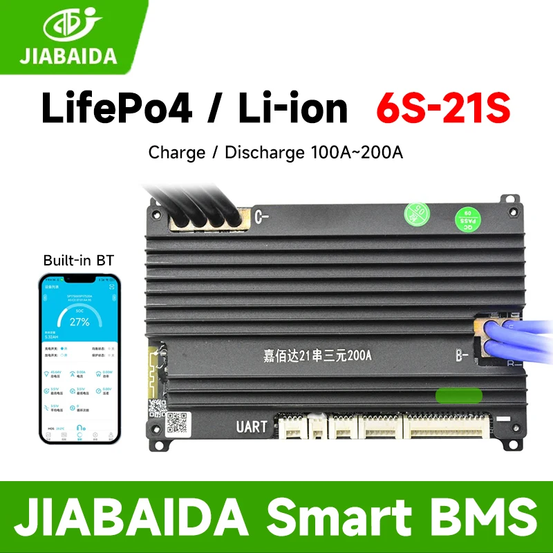 JIABAIDA 8S 24V 16S 48V BMS LiFepo4 Li-ion Lithium 18450 Battery Smart BMS 6S-21S BT UART 120A 150A 200A Charge Discharge JBD