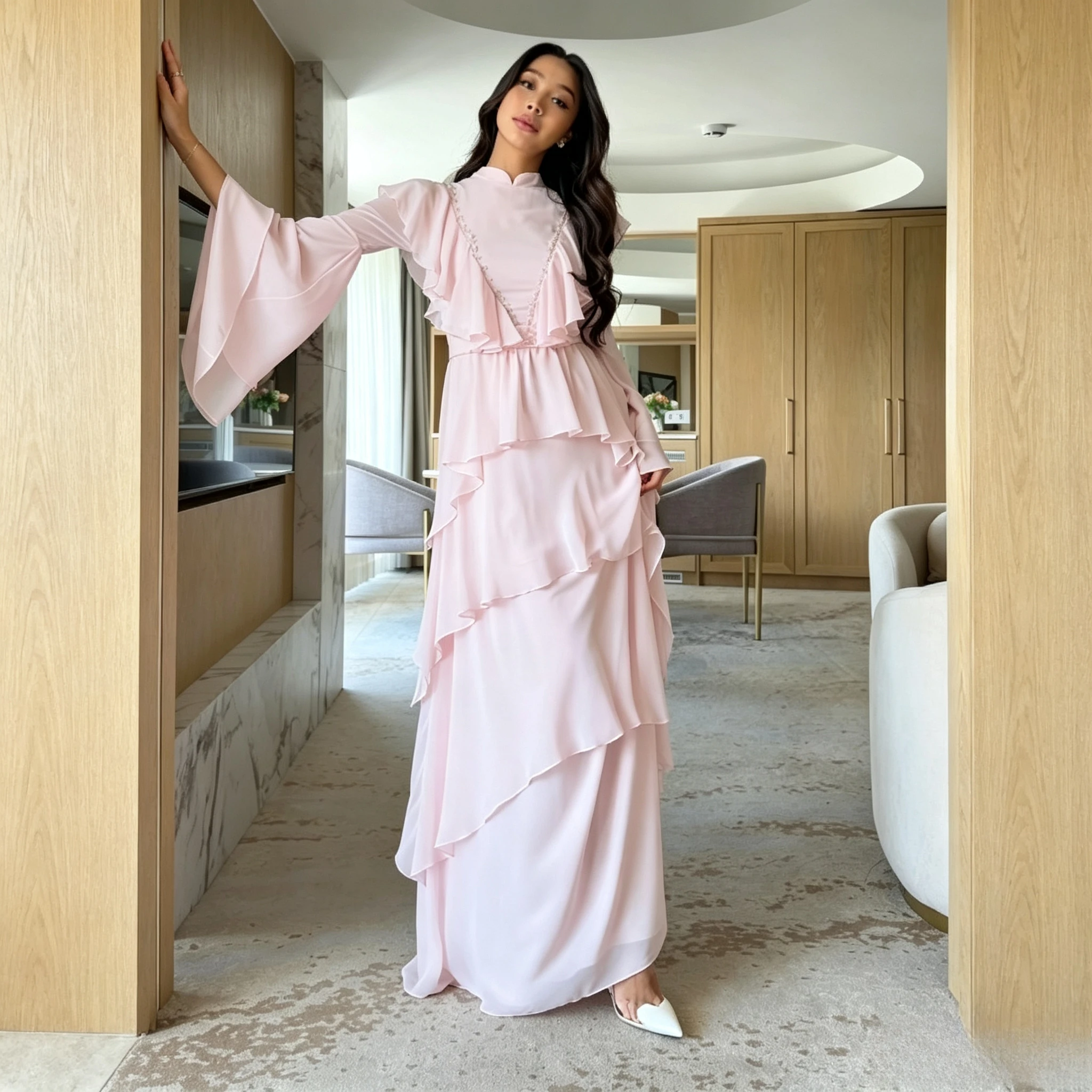 Pink Evening Gown High Stand Collar Flared Bell Sleeves Slim Waist Multi-Layer Cascading Ruffle Chiffon Wedding Guest Dresses