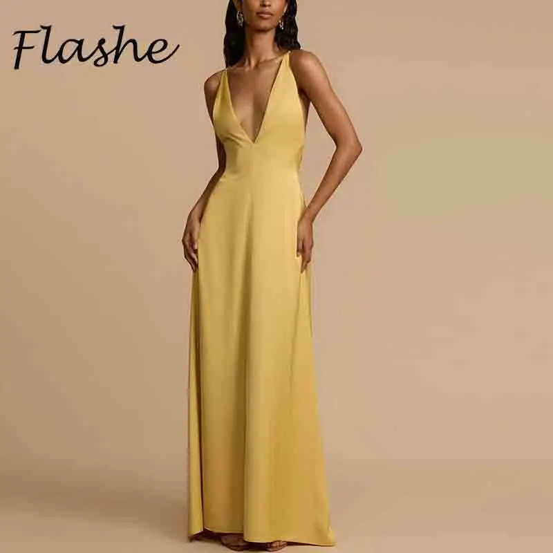

Elegant Sleeveless Long Dress Women Summer Deep V Neck A-line Party Dresses For Women Fashion Backless Evening Dress