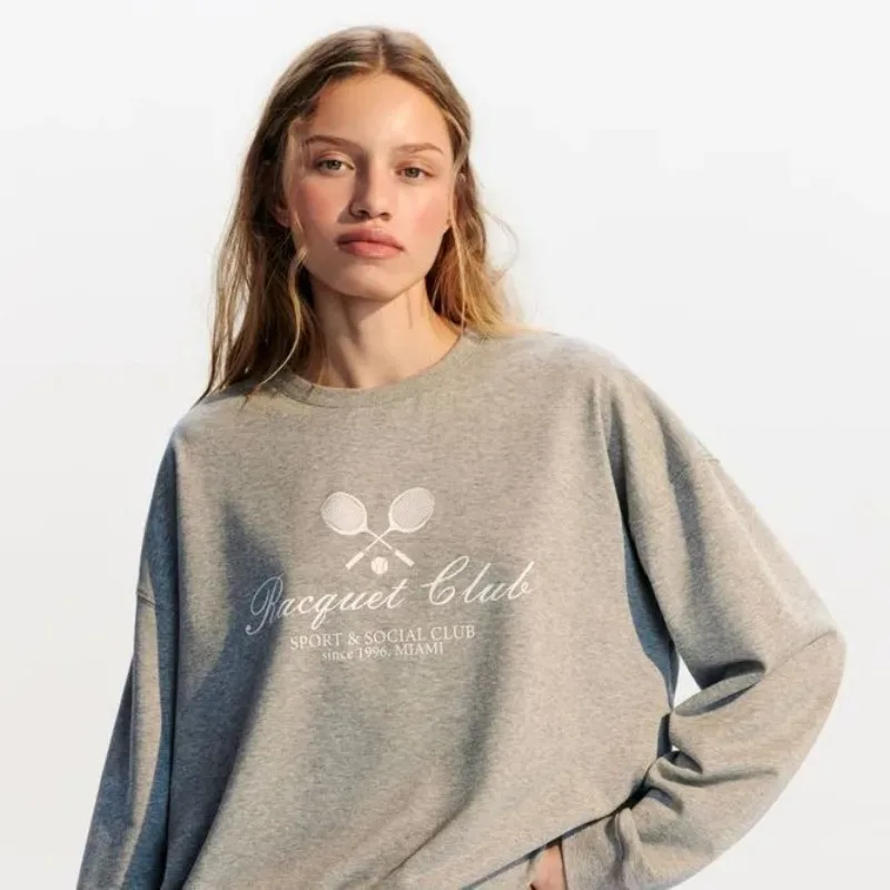Sudaderas con estampado de insignia para mujer, Jersey holgado de gran tamaño a la moda francesa, camisas grises de manga larga para otoño, ropa de calle Y2K