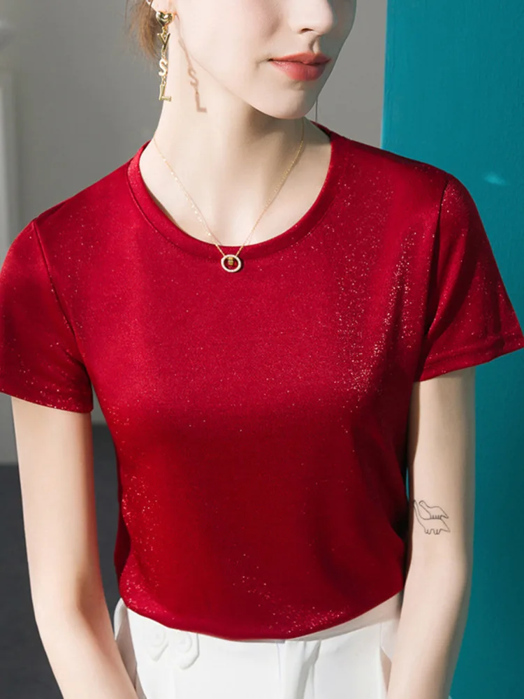 

Acetic Acid Shiny Silk Round Neck Ice Sensation Short Sleeved T-Shirt For Women Loose 2025 Spring/Summer New Style Ladies' Top