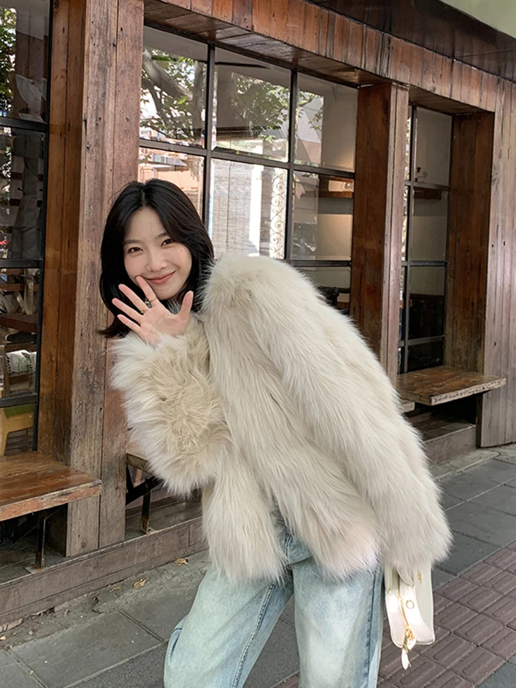 女性用エレガントフェイクファーコート、ヴィンテージ風スリムロングスリーブフェイクフォックス暖かいジャケット、冬用韓国風無地女性用Oネックレトロスイートトップス新作
