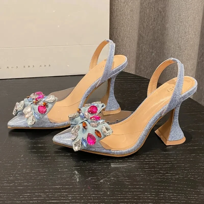 

New Summer Women's High-heeled Sandals with Bowknot Rhinestones Pointed Wine Glass Heel Closed Toe Single Strap Back Sandals