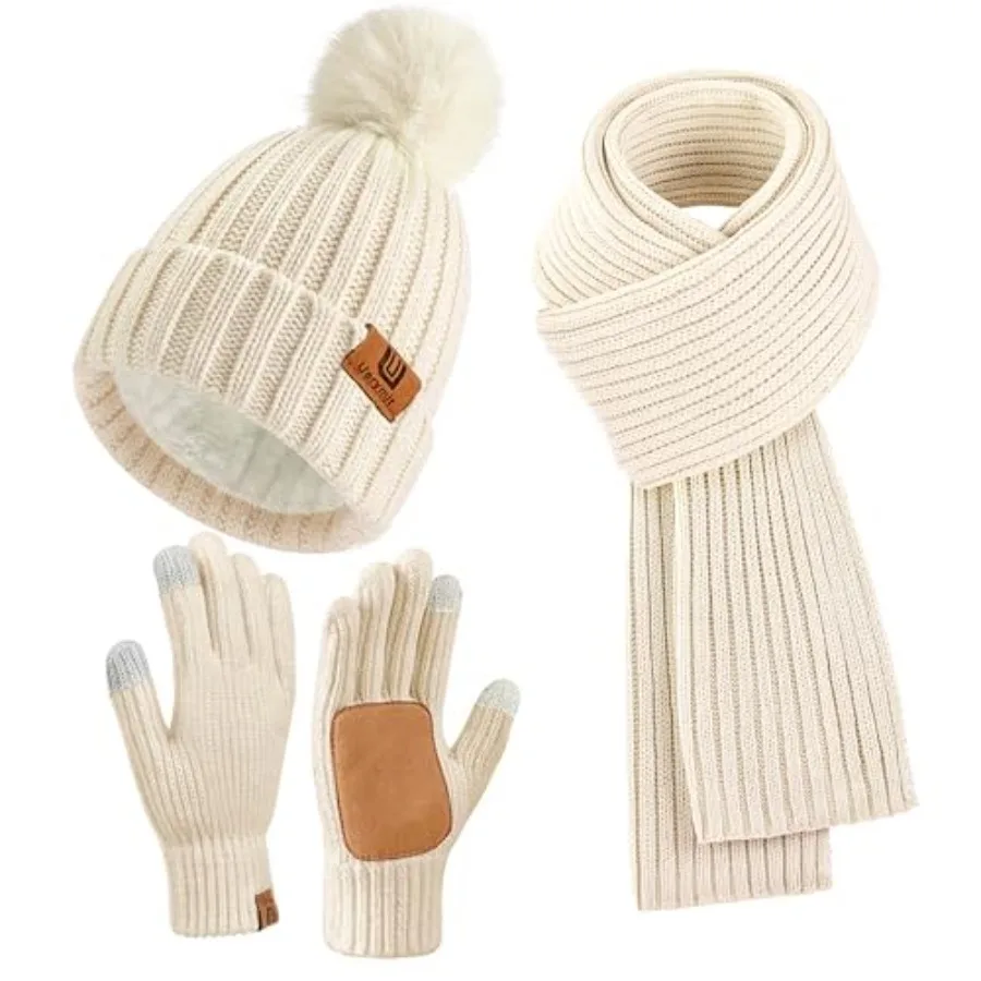 

Uerymit Womens Winter Beanie Hat Scarf Gloves Set Warm Knit Beanie with Pom Pom Long Scarf Touchscreen Gloves 3 in 1 Set