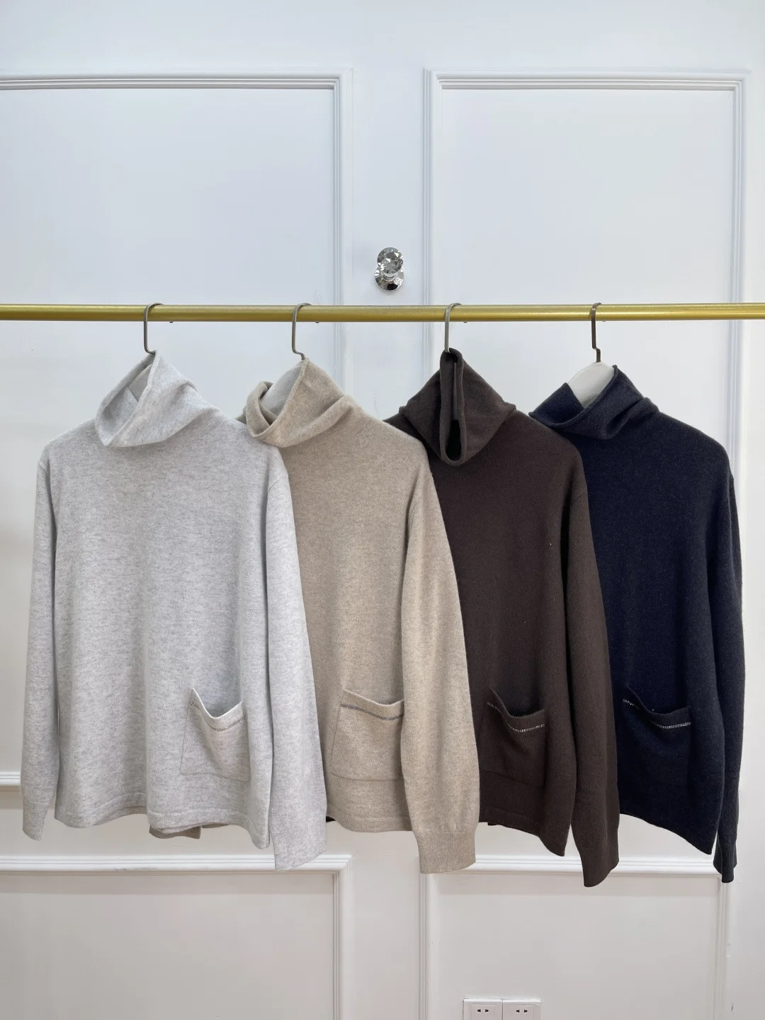 

Beaded Pocket Women Knitted Pullover High Neck Long Sleeve Casual Female 100% Cashmere Sweater