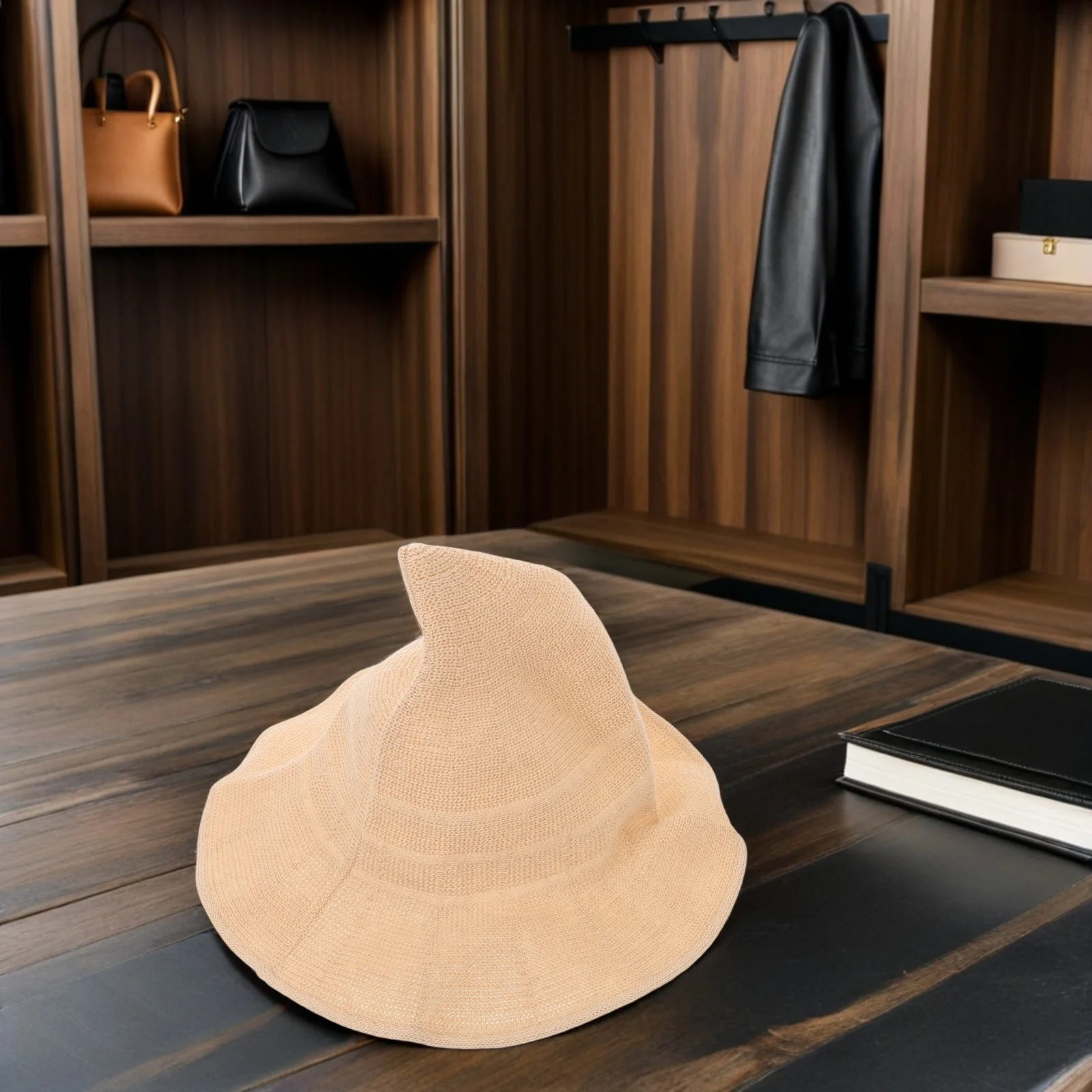 

Knitted Witch Hat Beige Soft Cotton Warm Winter Halloween Costume Accessory Party Cosplay Cap Wizard Hat For Adults Festive