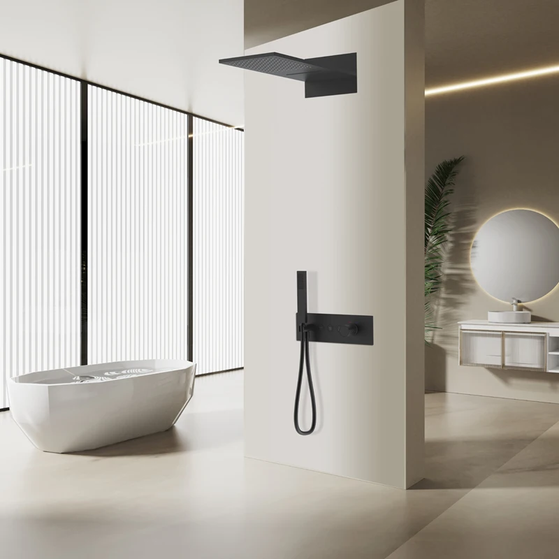 Modern Black Thermostatic Rainfall Shower Faucet Set Brass Ceiling Waterfall Shower Head Brushed Surface Soft Spray Pattern