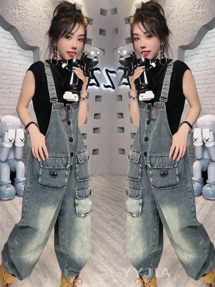 Spring Autumn Vintage Jeans Jumpsuits Women Loose Wide Leg Rompers Hole Denim Jumpsuit Ladies Front Pockets Suspenders Pants