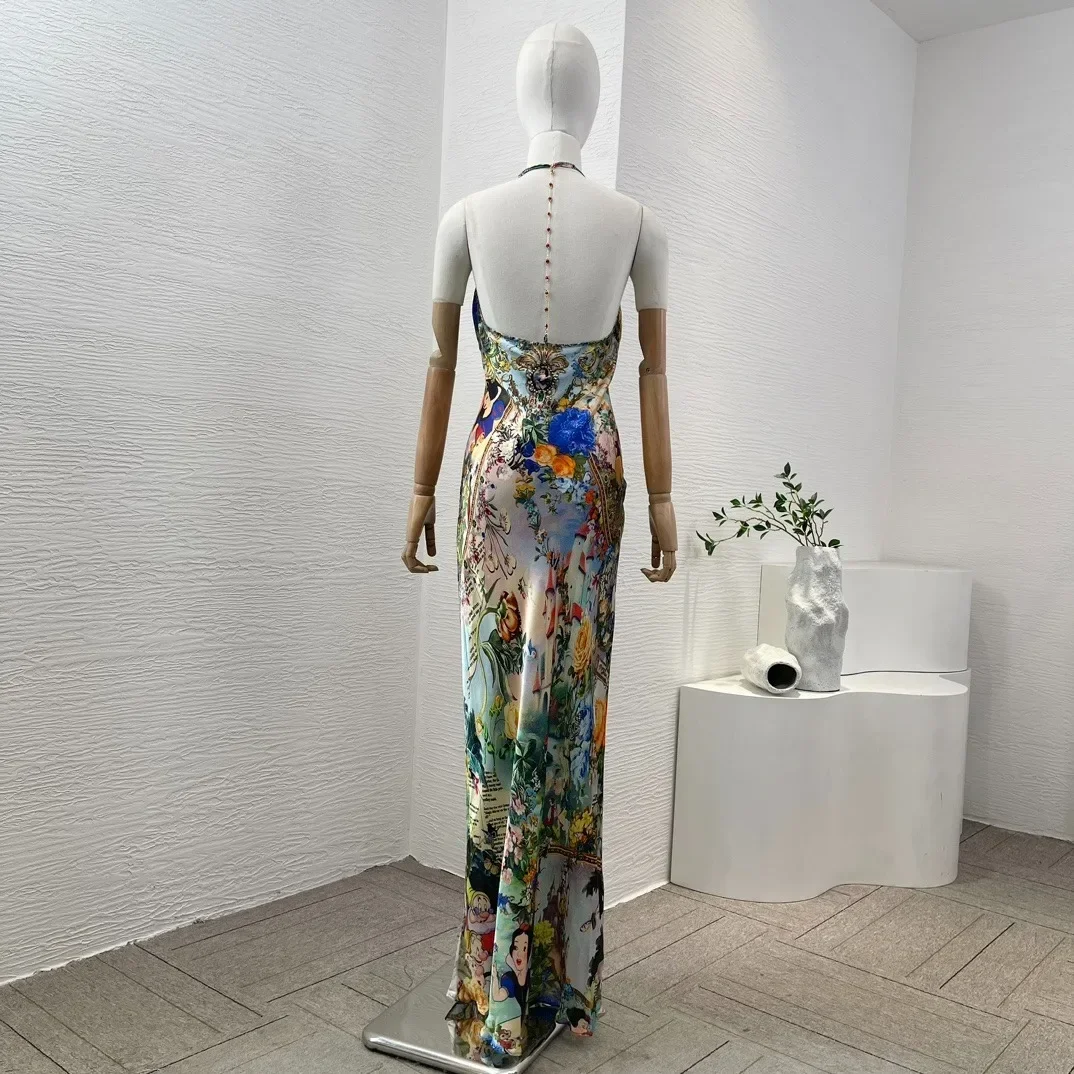 Silk Multicolor Floral Cartoon Characters Print Diamonds Pressed Sleeveless Deep V Neck Halter Backless Maxi Dresses