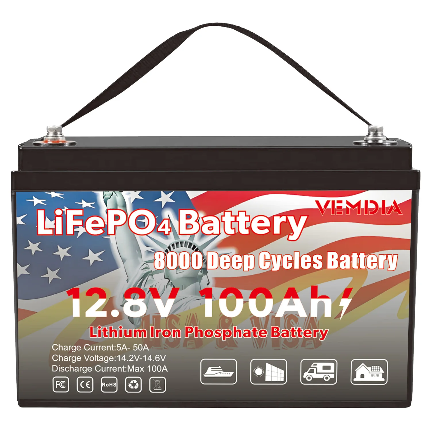 

12V 100Ah LiFePO4 Battery for RV Solar Marine Trolling Motor Backup Power