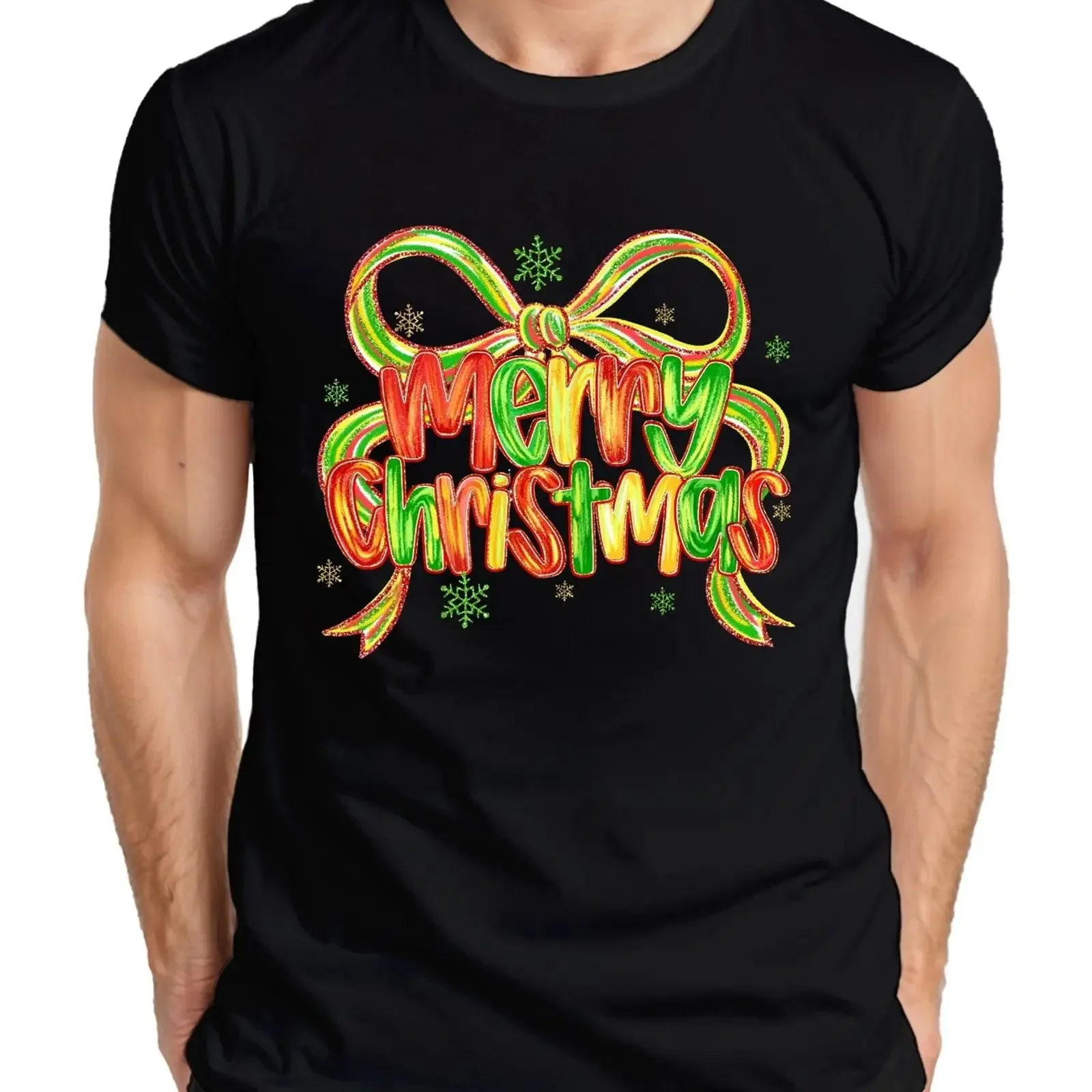 Merry Christmas glitter bow snowflake festive gift men's t shirt vintage Washed homme fashion Breathable Stretched Versatile