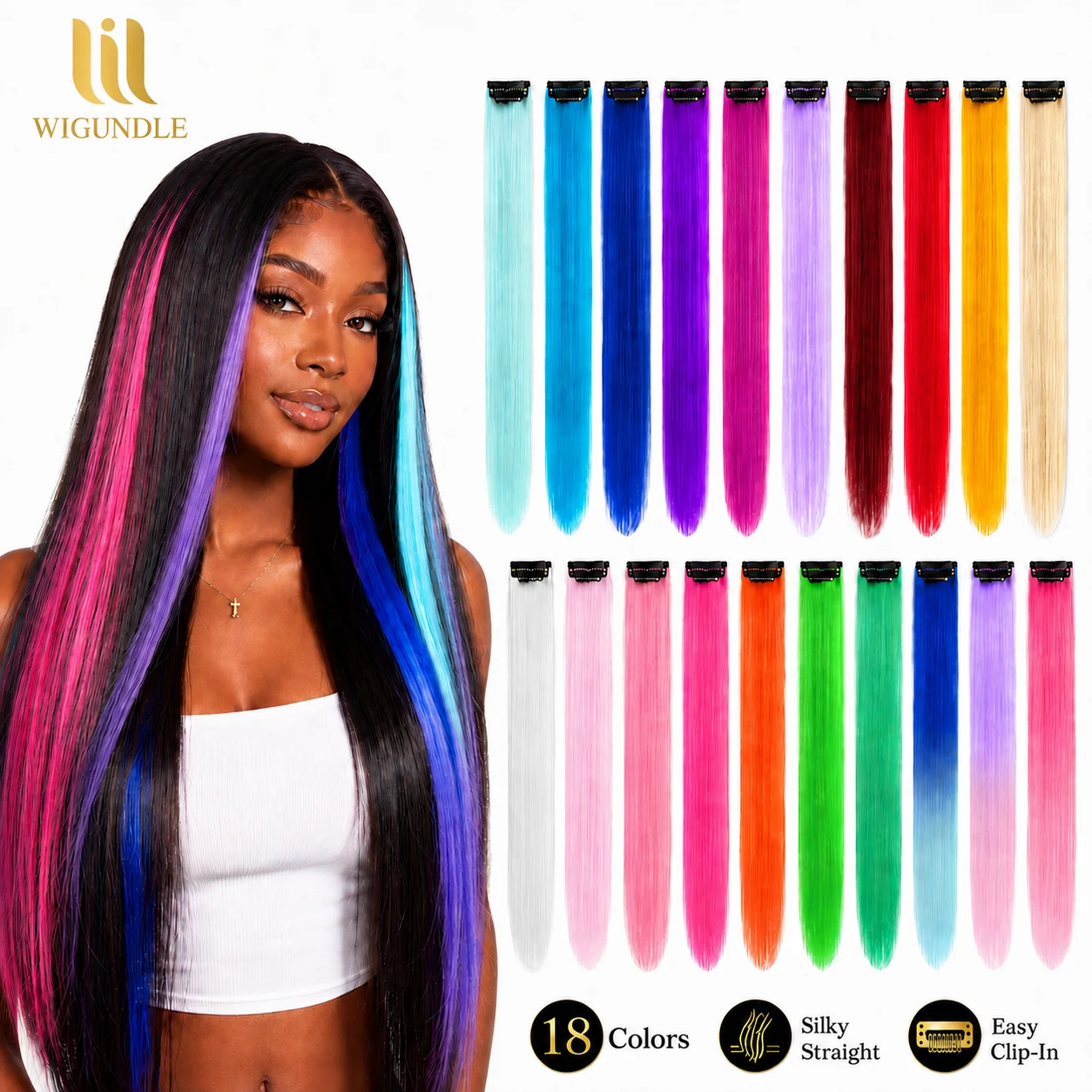 Colorful BB Clip in Hair Extensions 22Inch Synthetic Long Straight High Temperature Rainbow Highlight Hairpieces 1/5/11 Pcs Opti