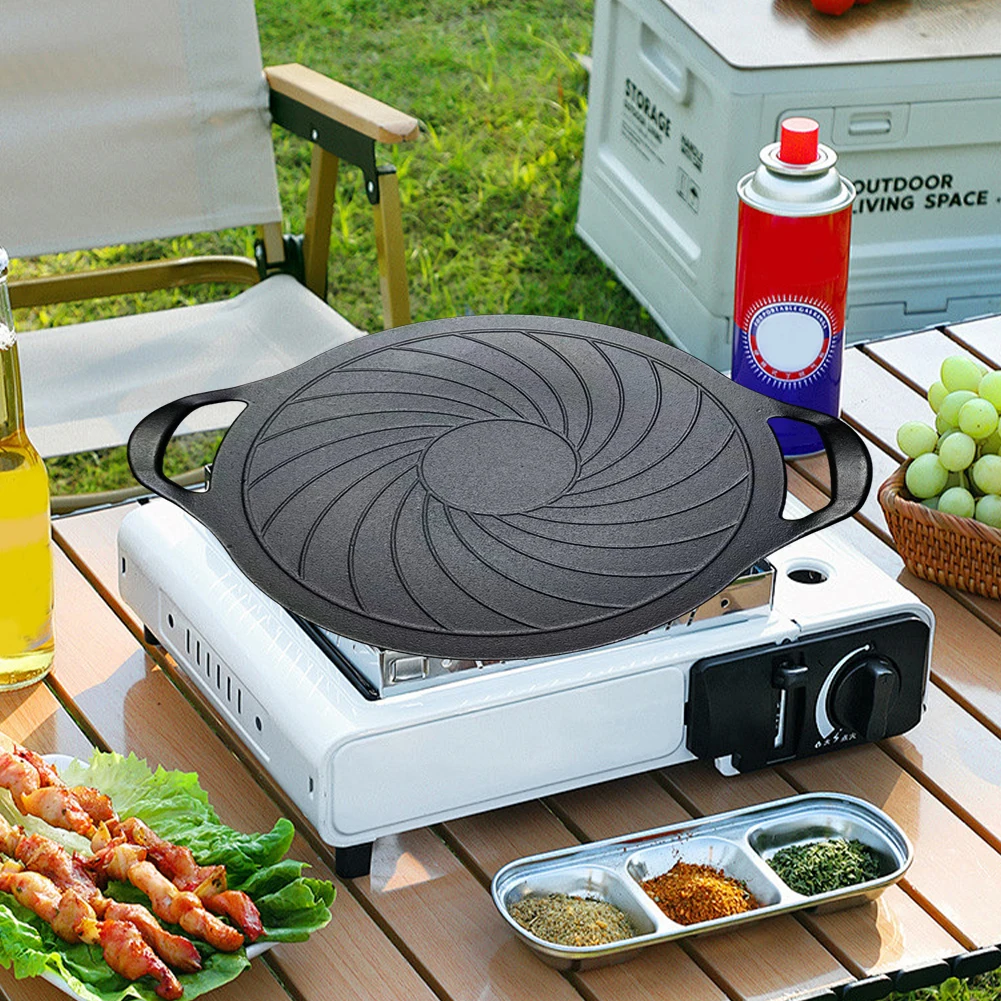 

15-дюймовая чугунная сковорода-гриль круглая, антипригарная, для газовой плиты, для использования в помещении и на улице