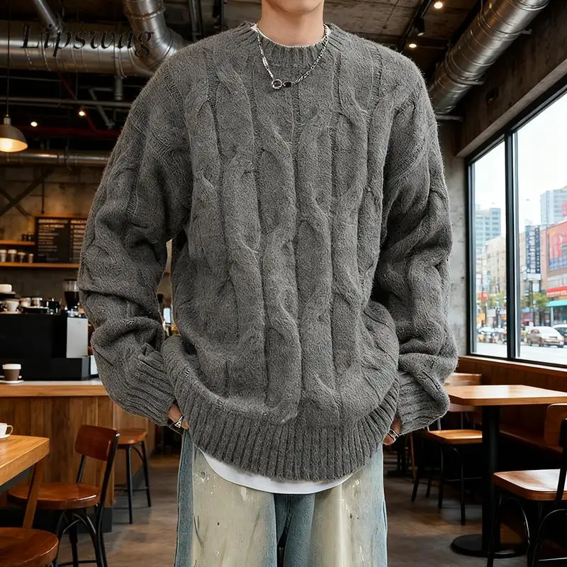 

Новые повседневные мужские текстурированные вязаные свитера, осень-зима, джемпер с длинными рукавами и круглым вырезом для отдыха, мужские винтажные однотонные свитера