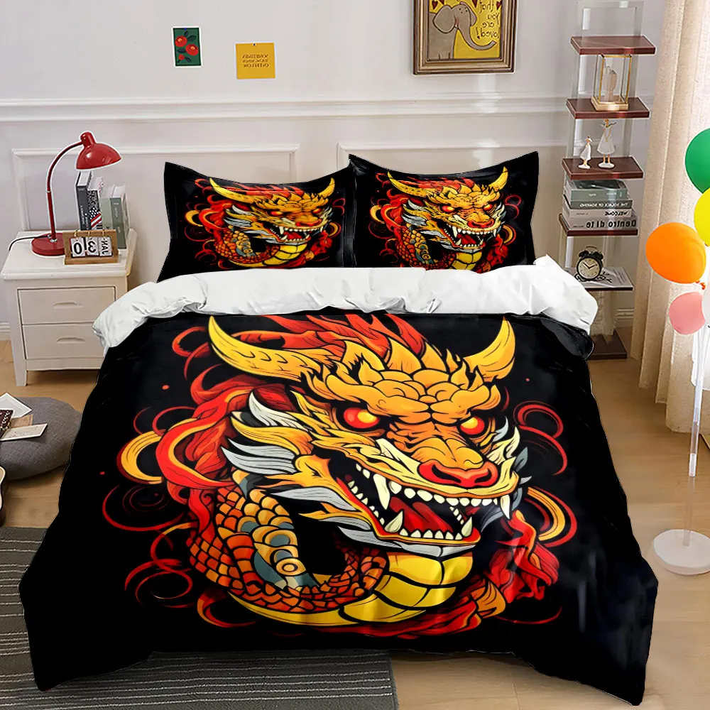 3Pcs Fiery Red Chinese Dragon Head Duvet Cover Set, Black Base New Year Lucky Bedding Single Double King Queen, Gift
