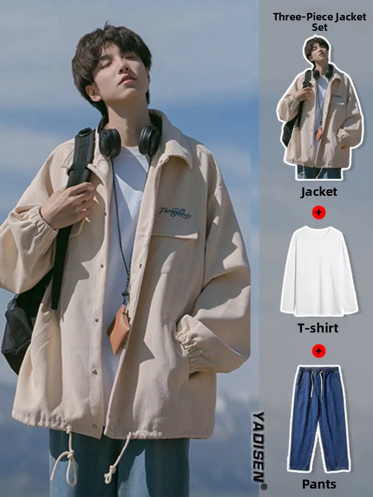 

Corduroy Workwear Jaet y Silhouette Tee-piece Set Men's Spring Autumn Faion Outerwear Loose Fit Long Sve