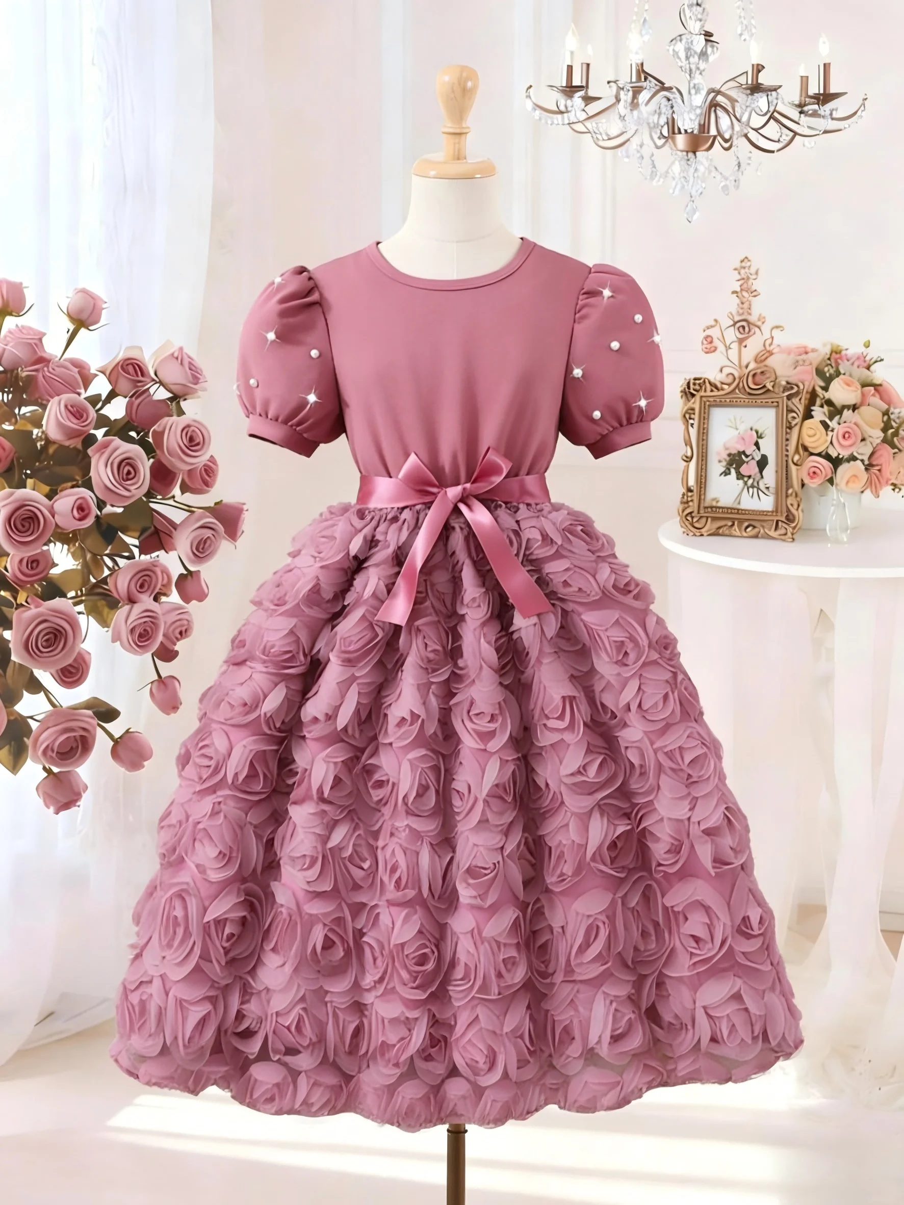 3D Rose Rose Sand Tulle Dress | Pearl Embellished Princess Sleeve Formal Gown for Girls 8-12Y