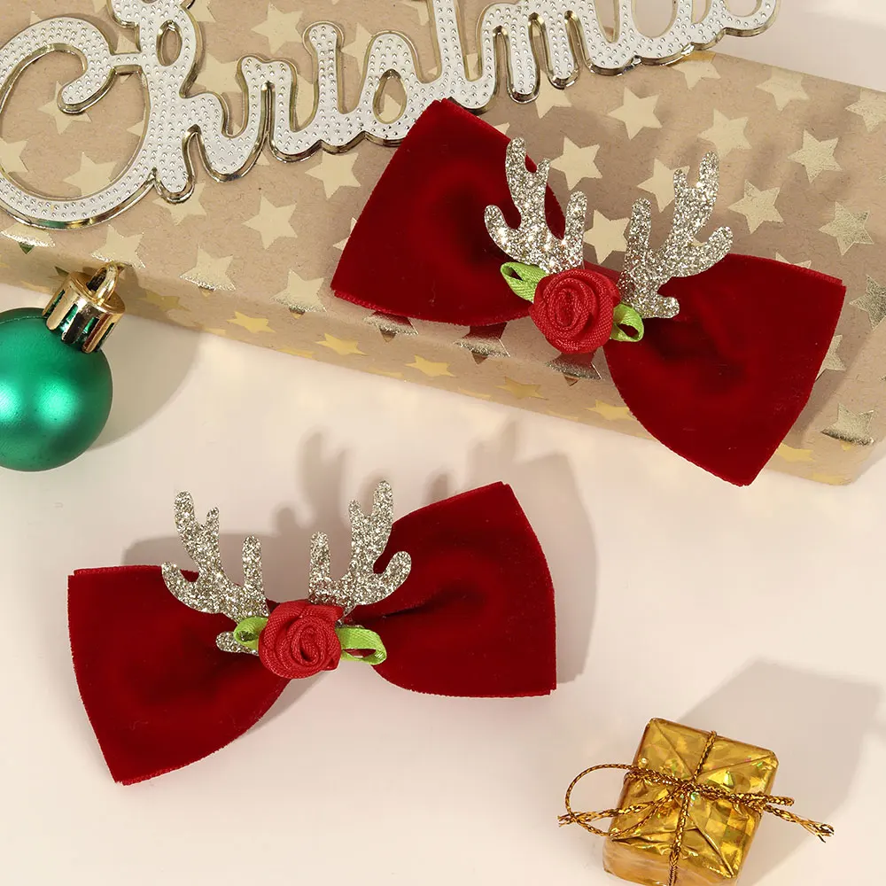 2PCS Glitter Christmas Elk Antlers Hair Clip For Baby Girls Velvet Bow Hairpin Jingle Bells Hairgrip Children New Year Gifts