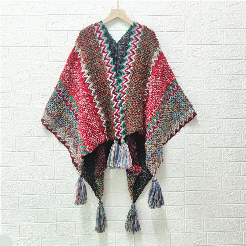 Poncho mantello lavorato a maglia mantello lavorato a maglia mantelle stile etnico nappa Cardigan maglione colore allentato Vintage a righe donna