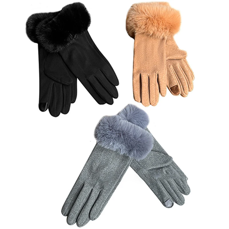 Winter Rabbit Fur Mouth Full Finger Touch Screen Plus Velvet Warm Gloves For Women