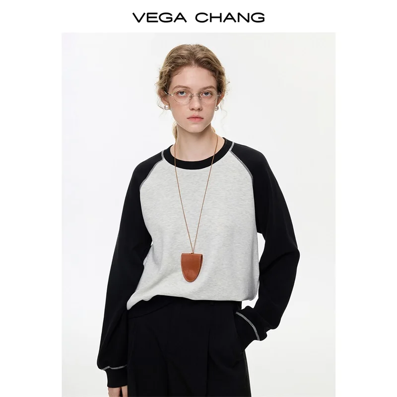 

Vega Chang New Winter Women's T-Shirt Retro Color-Blocking Raglan Sleeve Base Shirt Velvet-Feel Long-Sleeve Top