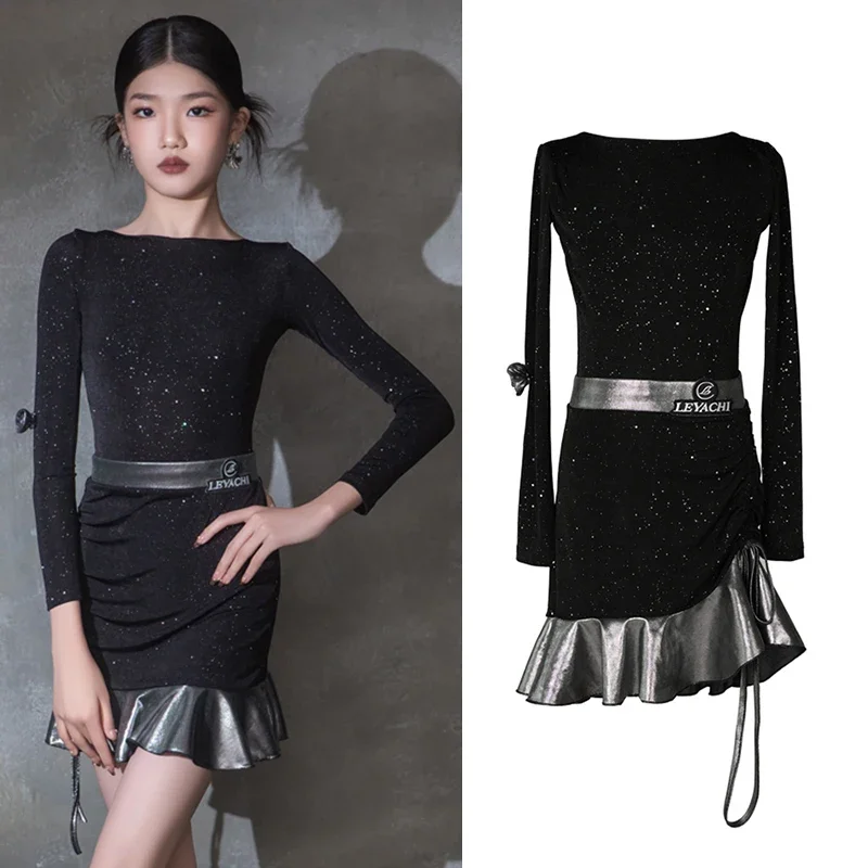 

2025 New Latin Dance Training Clothes Girls Tango Ballroom Performance Costume Black Shining Long Sleeve Tops Skirt Set