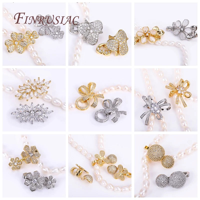 18K Gold Plated Inlaid Zircon 3 rings Bowknot Butterfly Pearl Clasps Fastener, DIY Pearl Jewelry Decoration Connector Clasps