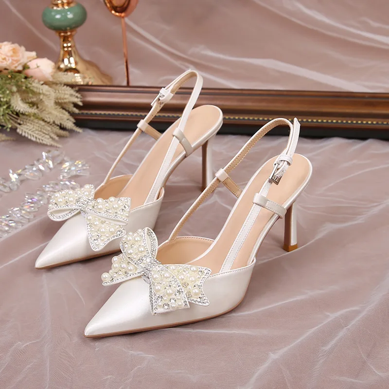 

Elegant Women Wedding Shoes Exquisite Imitation Pearl Bow High Heeled Sandals for Woman French Style Casual Shoes Designer Shoes