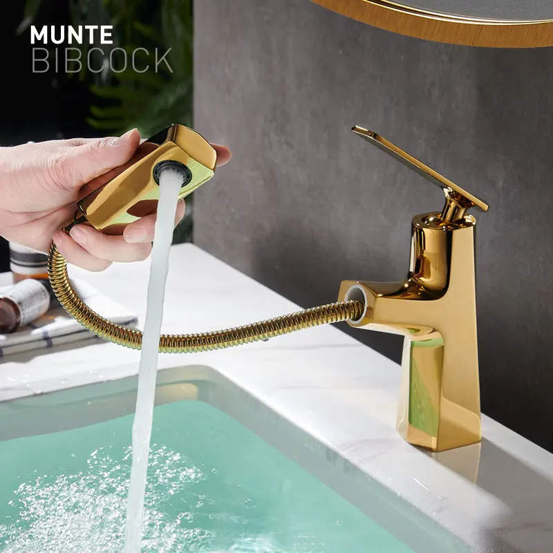 Golden minimalist hot and cold pull-out faucet, suitable for bathroom washbasins, featuring a retractable single hole design