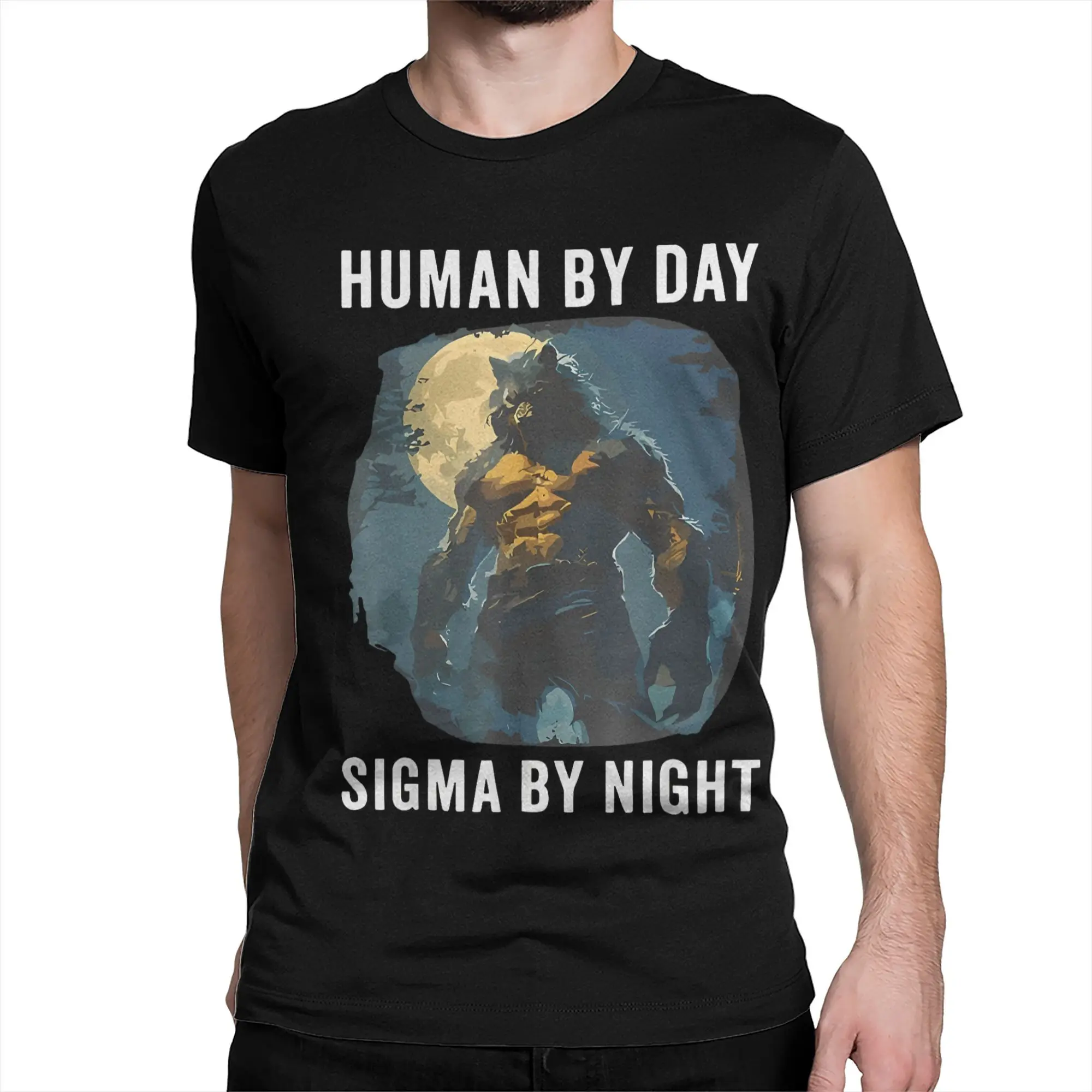 Human By Day Sigma By Night Funny Wolf Graphic Printed T Shirt Men Women  Cotton  Tee Shirt Clothing