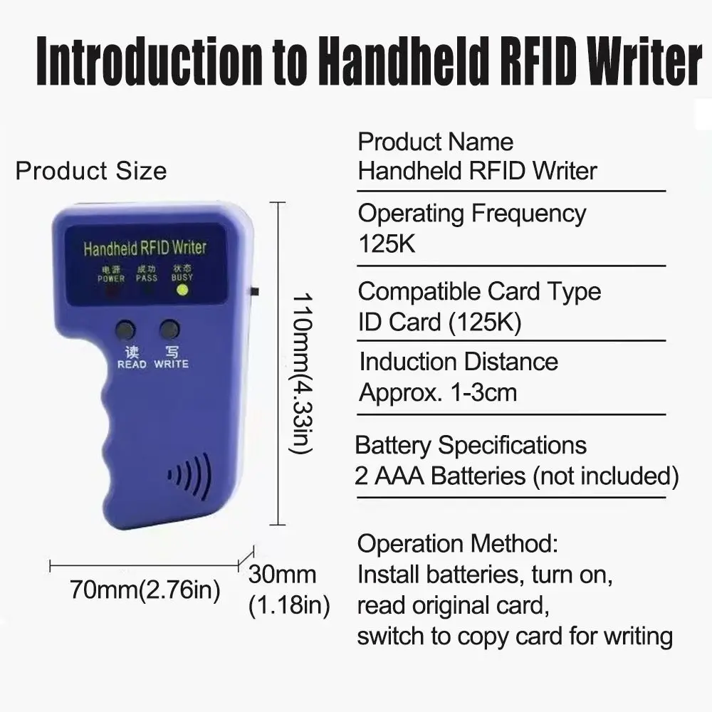 Duplicador portátil de cartão de identificação programável, leitor regravável de baixa frequência de 125khz, design portátil à prova d'água