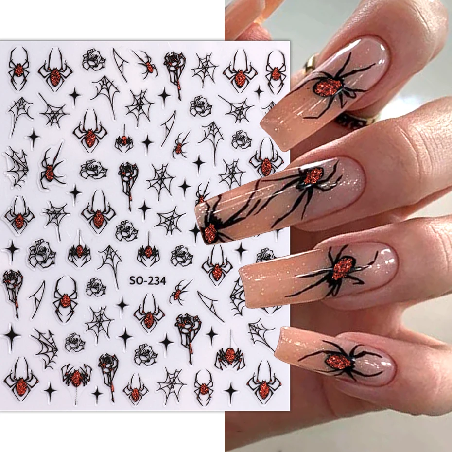 3d Spider Nail Sticker Zwart Rood Sliver Gillter Shinning Spider Scarlet Rose Slider Halloween Decal Diy Manicure Art Decoratie