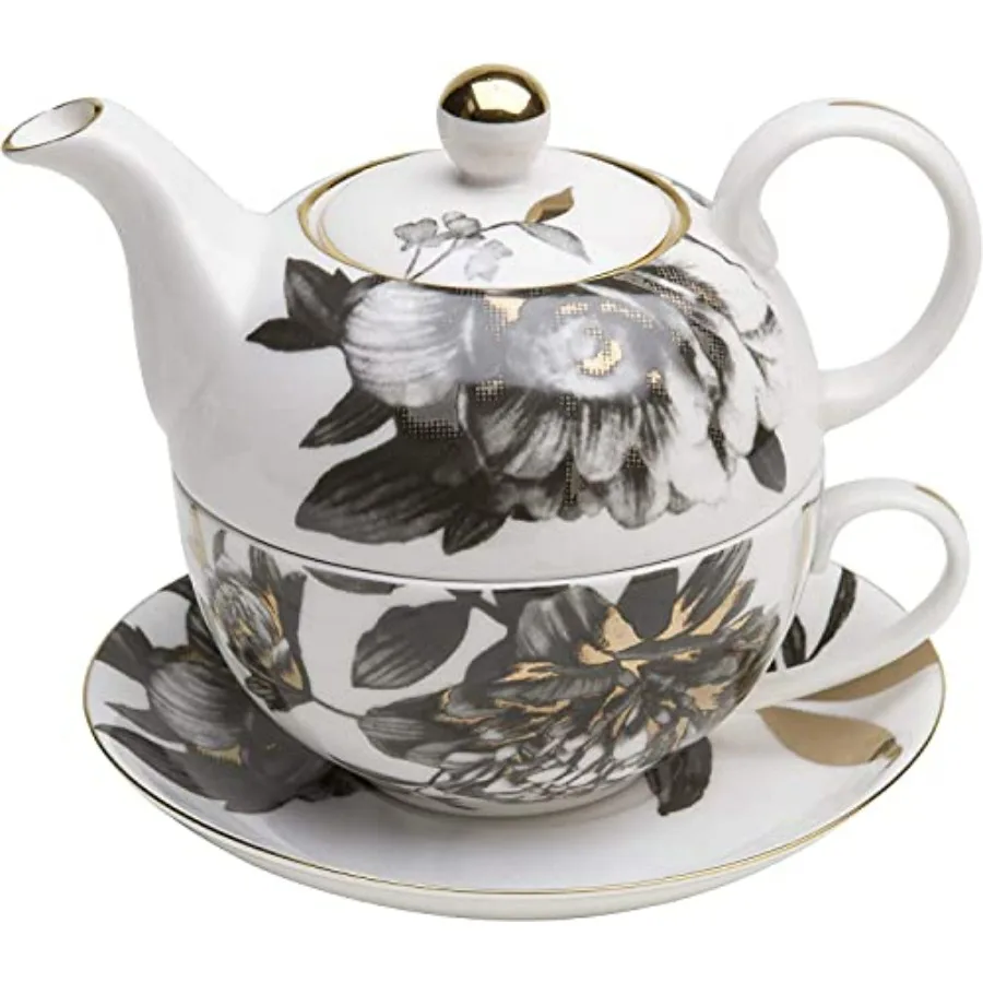 

Porcelain 4-Piece Tea For One Black Gold Peony