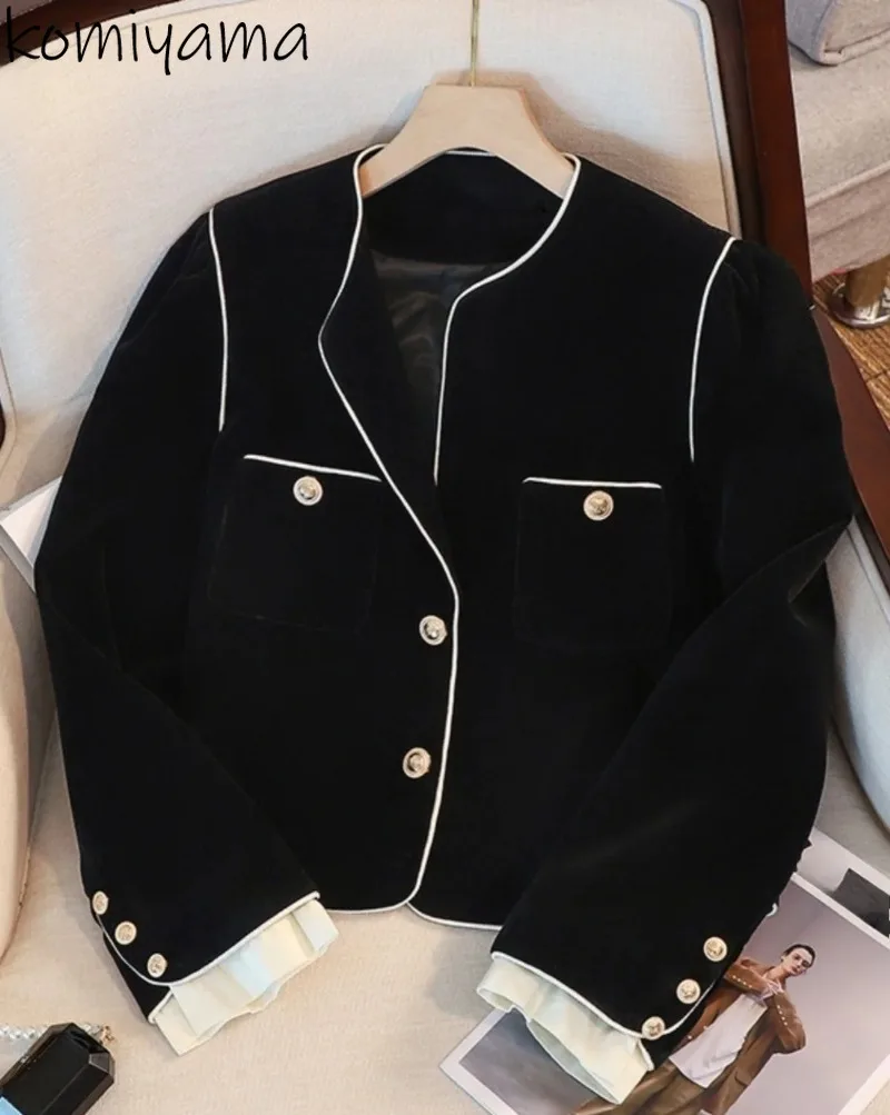 

Contrast Velvet Casaco O-neck Long Sleeve Chaquetas De Mujer Autumn Jaqueta Feminina Gold Buckle Woman 2025 Jacket Outerwears