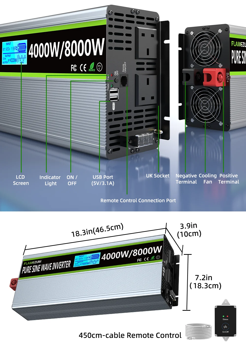 U.K Plug Pure Sine Wave Power Inverter 8000W DC 12V/24V To AC 240V Frequency Converter 50hz Solar Car Inverter Transformer LED
