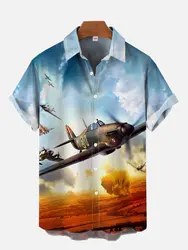 Summer Men's Short Sleeve Green Airplane Print Shirt New Cardigan Retro Single Breasted Shirt Clothing Men's Fighter Print