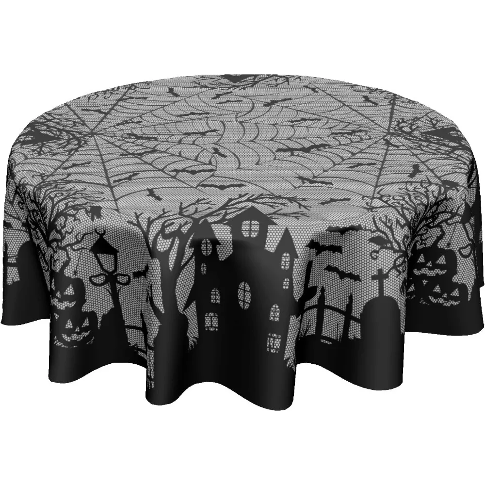 Halloween Round Tablecloth 60 Inch Spooky Pumpkins Castle Bats Spider Web Table Cloth Black Gray Halloween Holiday