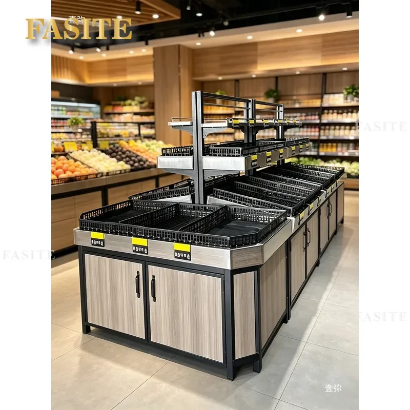 For Supermarket Fruit and Vegetable Display Shelves Commercial Steel and Wood Fresh Store Rack Heavy Duty Retail Grocery