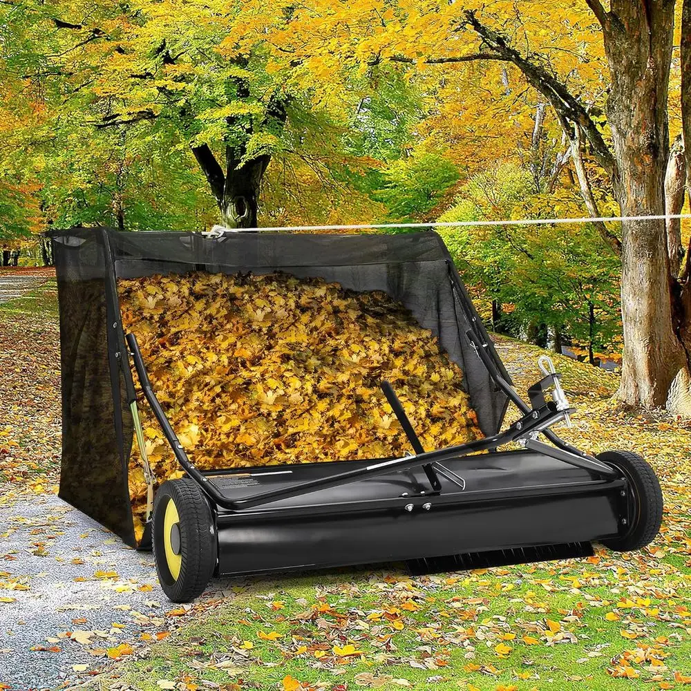

52-Inch Tow-Behind Lawn Sweeper with 27 Cu. Ft. Hopper, Adjustable Brush, and Seat-Activated Dump