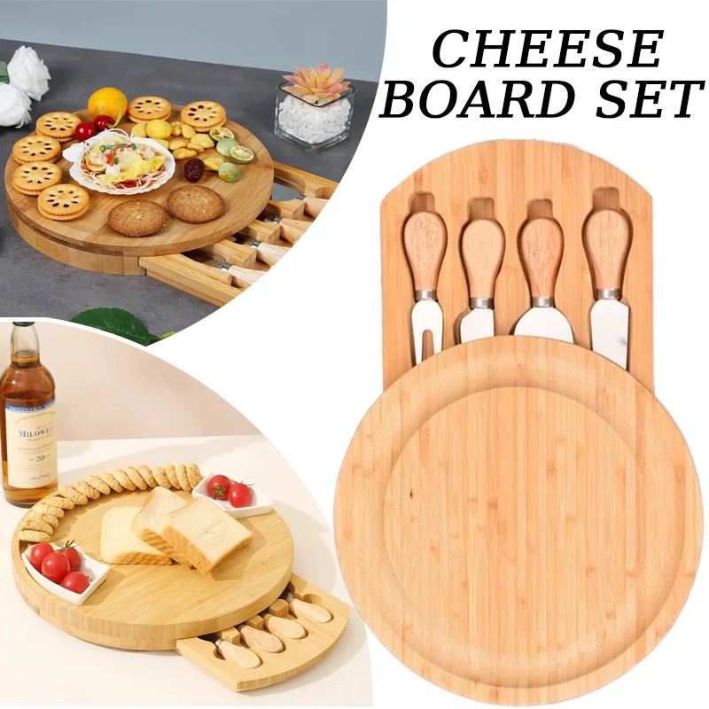 

Cheese Board and Knife Set Portable Bamboo Cheese Board Sliding Drawer Design Camping Dinner Plate Party Décor SuppliesVIE LENTE